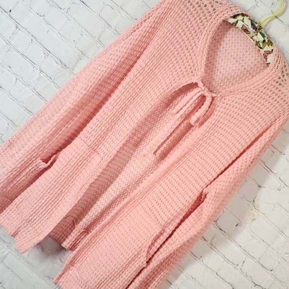 Chris & Carol Tie Neck Cardigan Sweater Baby Pink Open Waffle Knit Neutral Sz L - Picture 11 of 17